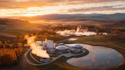 Aerial View of Smoke Emitting Power Plant Surrounded by Autumn Foliage and Scenic Lake at Sunset