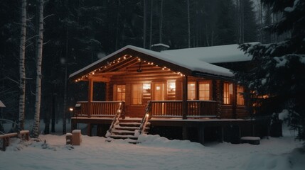Obraz premium Cozy log cabin in snowy forest with warm lights at night