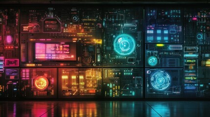 Obraz premium Futuristic digital interface showcasing vibrant circuits and glowing elements in a tech environment