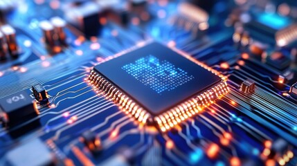 Futuristic Blue Glowing Digital Microchip Circuit Board Abstract Background