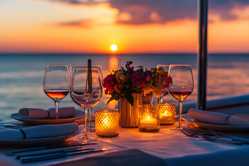 An elegant yacht dining setup, with wine glasses, floral arrangements, and candlelight, set against the ocean at sunset. The warm, colorful sky enhances the scene, a serene dining atmosphere.