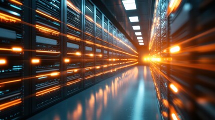 Blurred motion in a futuristic high tech server room with glowing lights and digital data streams
