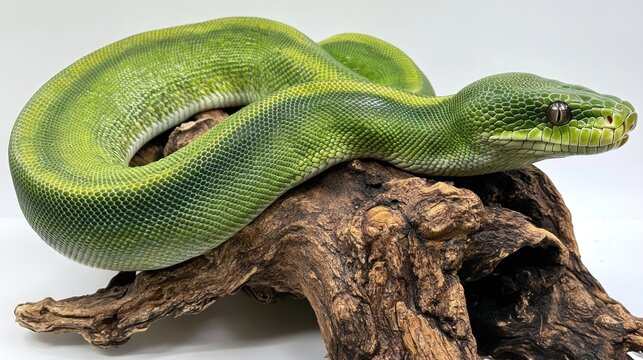Green tree python on wood, studio shot, reptile pet