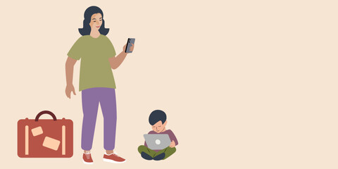 Mother and son travelling together