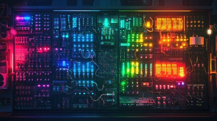 Colorful illuminated control panel with various buttons and wires, showcasing technology in use