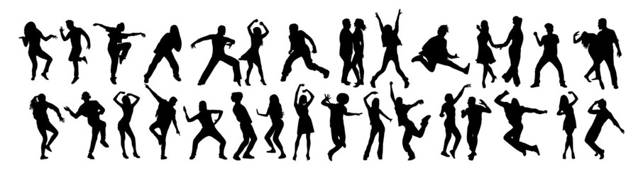 Dancing people black silhouettes. Teenagers, Young girl and boy, couple, men, women dancing street dance, hip hop, classic, latina dance at party or night club. Outline vector drawing isolated.