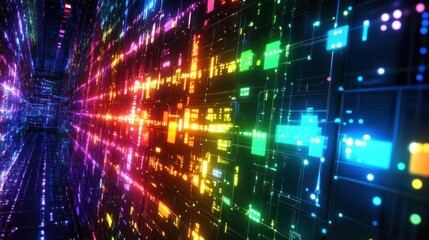 Fototapeta premium Abstract digital landscape with vibrant colors and patterns representing data flow in a futuristic environment