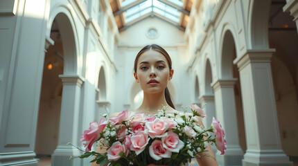 Fototapeta premium bride in wedding dress with bouquet