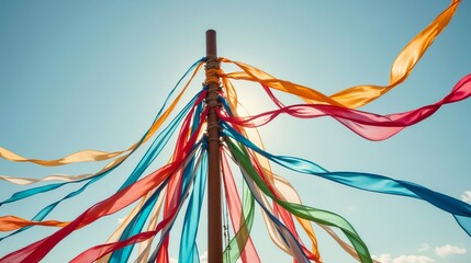 Colorful ribbons fluttering in the wind around a tall pole during a festival celebrating local traditions in a sunny outdoor setting