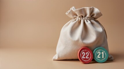 Canvas bag with colored chips resting on a neutral surface, showcasing the numbers 21 and 22 in a casual setup during a relaxed gathering