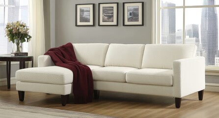 Large White Modern Living Room with Light Wood Floors, Corner Sofa, and Wall Frames