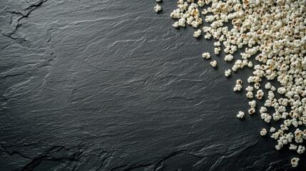 Freshly Popped Popcorn Spilled on Dark Stone Surface for Snack or Movie Night Concept