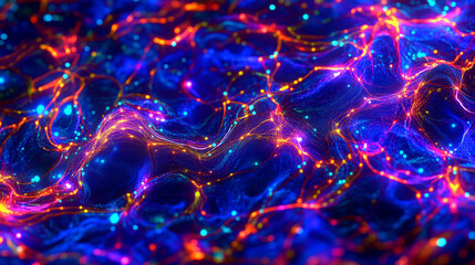 Abstract digital data flow with glowing pink and blue particles in motion. Technology background concept