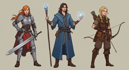 Fototapeta premium Fantasy characters: knight, mage, and archer in medieval attire