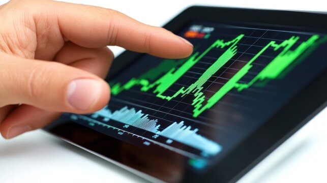 Hand pointing at financial graph on tablet