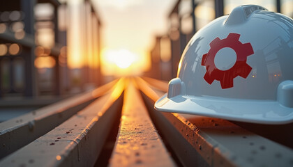 White helmet with red gear symbol on construction site at sunset