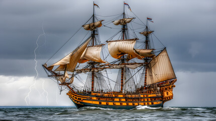 Fototapeta premium Majestic sailing ship braving a dramatic stormy sea with lightning striking in the background.