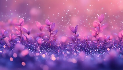 Magical pink plants glowing, glitter, bokeh background, fantasy, design
