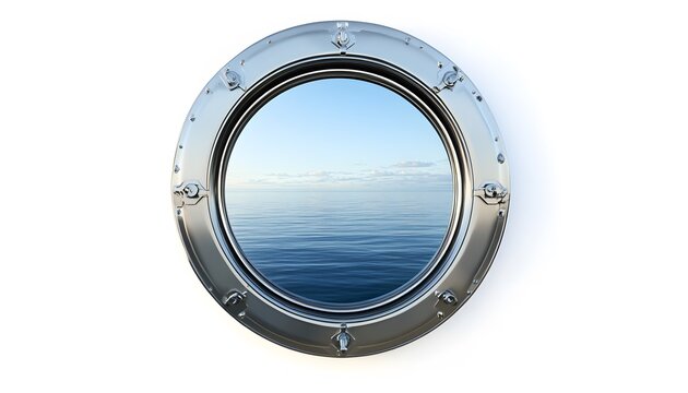 Porthole frames ocean view with clear skies and distant clouds