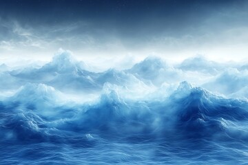 Serene blue ocean waves under a starry sky with soft clouds in the background at twilight