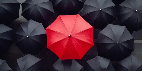 A red umbrella standing out in the middle of black umbrellas, symbolizing different ideas or unique connections that make you stand out from your