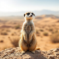 Fototapeta premium Vigilant Meerkat Standing Guard with Attentive Posture Against Sandy Desert Background