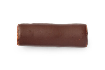 One simple chocolate bar on a white background top view. Close-up of a chocolate candy.