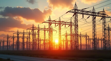 electricity pylons at sunset.