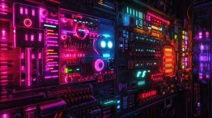 Obraz premium Vibrant Neon Circuit Board Display with Colorful Lights and Intricate Patterns in a Dark Setting