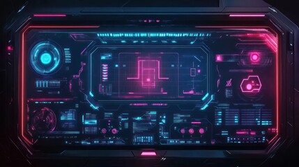 Futuristic control panel display with vibrant neon colors and intricate digital interfaces