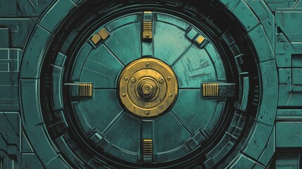 Obraz premium Intricate Blue and Gold Metallic Vault Door with Detailed Industrial Texture and Circular Design