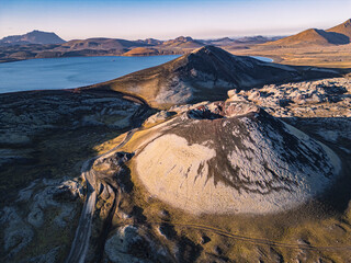 Aerial view of the volcanic landscape in landmannalaugar, Iceland.