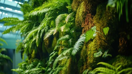 Lush green wall of ferns and moss in a modern indoor space with natural light filtering through