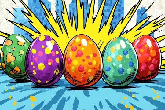 Easter display in pop art design with vividly colored eggs, comic strip backdrop.