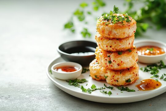 Stack of Kimchi Bign&egrave; with Dipping Sauces and Fresh Herbs