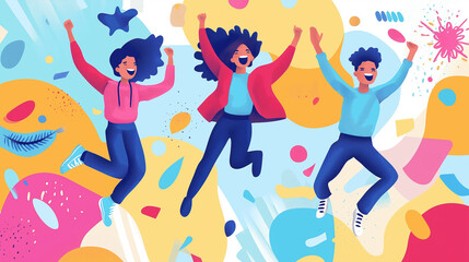 Cheerful friends joyfully expressing their happiness and energy against a vibrant, playful and colorful backdrop