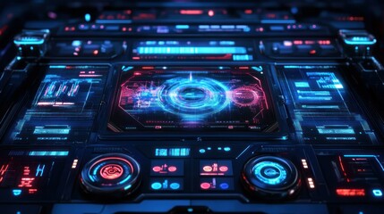 Obraz premium Futuristic control panel interface displaying intricate holographic data visuals and glowing elements