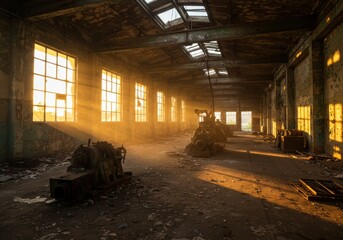 Golden sunlight illuminates abandoned industrial warehouse with weathered machinery