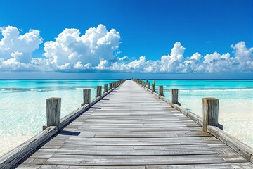 Fototapeta premium Wooden pier stretching into the turquoise ocean under a bright sky with white clouds. Serene beach background, concept of travel and relaxation. Ai generative