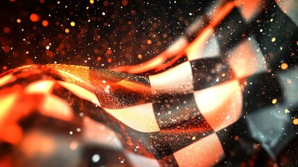 Dynamic waving checkered flag with vibrant sparks and glowing particles in a racing atmosphere