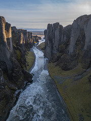Aerial view of the autumn landscape at Fjadrargljufur Canyon, east part of Iceland. 