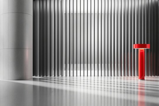 Contemporary space with vertical metal slats, a cylindrical column, and a bold red lamp on a reflective floor. Minimalist design background. Ai generative