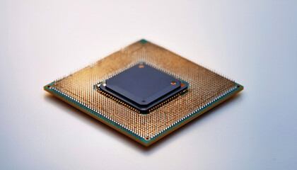 a modern microchip processor with intricate gold connectors on a white background, symbolizing advanced computing, artificial intelligence, and semiconductor technology