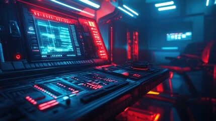 Futuristic control room with glowing screens and intricate technology, showcasing a vibrant atmosphere