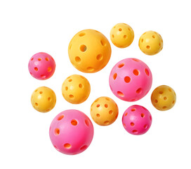 bunch of yellow, orange, and pink pickleball balls set against a white backdrop. It's a horizontal layout that really captures the pickleball vibe. PNG