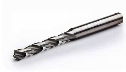 close up of drill bits, a steel drill bit on a white reflective surface,  spiral flutes, emphasizing precision and durability. Ideal for industrial, engineering, and construction related themes