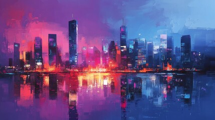 Vibrant abstract cityscape skyline reflection at sunset with colorful lights