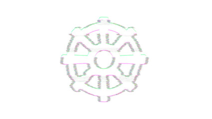 Icon dharmachakra is distorted. Glitch. Noise, chromatic aberration, geometric distortion