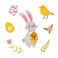Cute bunny holds colorful egg surrounded by spring elements like flowers and a bird