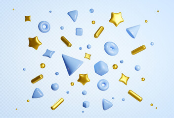 3D confetti pattern with golden stars and blue geometric shapes. Flying metallic cylinders and spheres, triangles and sparkly decorative elements. Dynamic festive composition for celebration design.